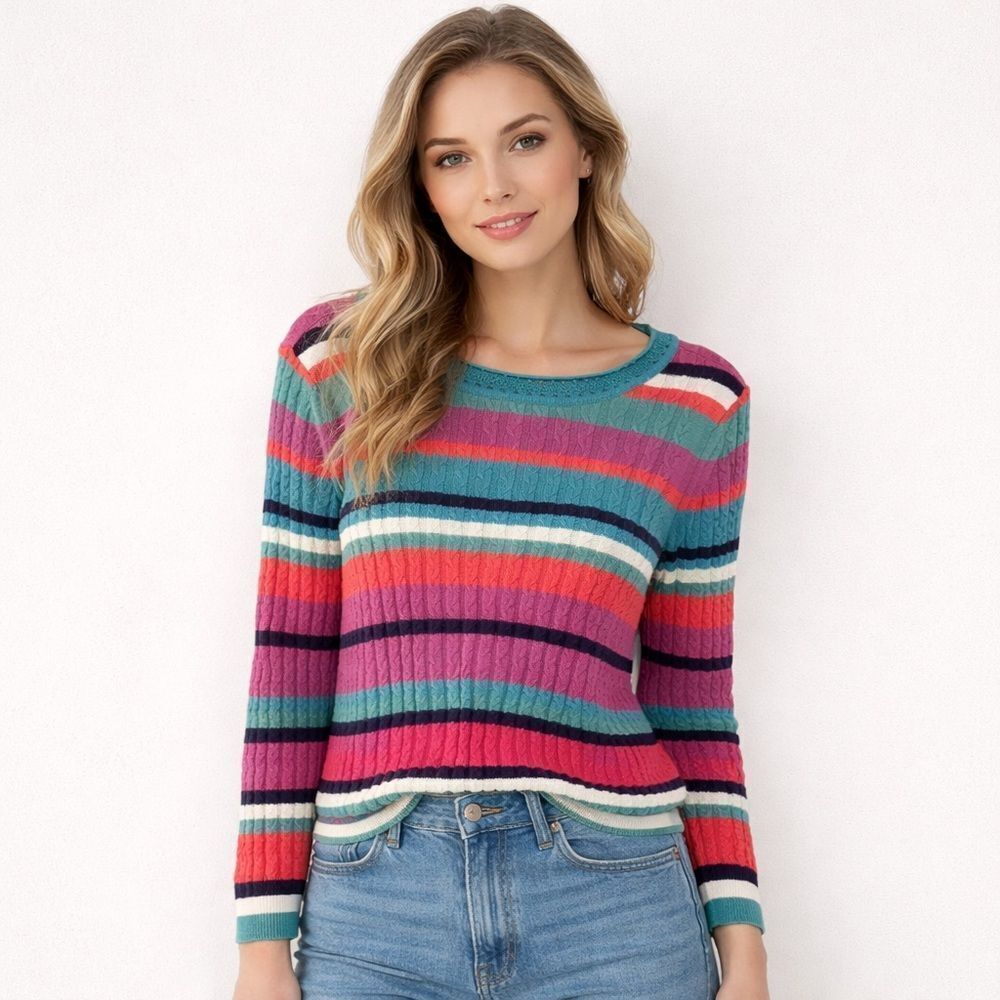Soft Surroundings Sweater Womens Medium Stripe Cable Knit Silk Cashmere